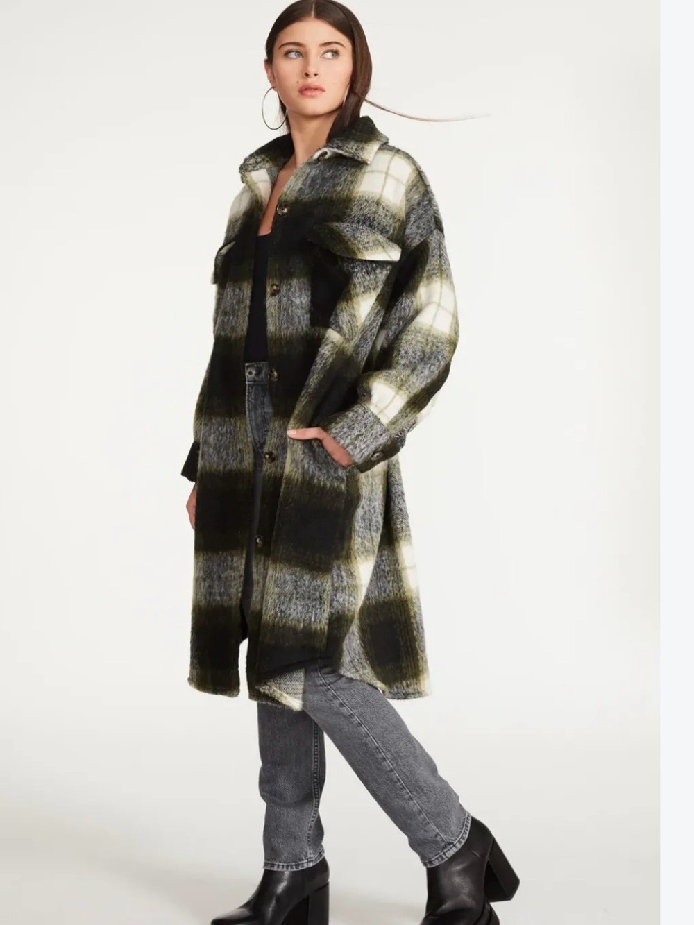 Steve Madden Chloe Long Shacket - Olive Night Plaid Plaid Oversized Shirt Jacket
